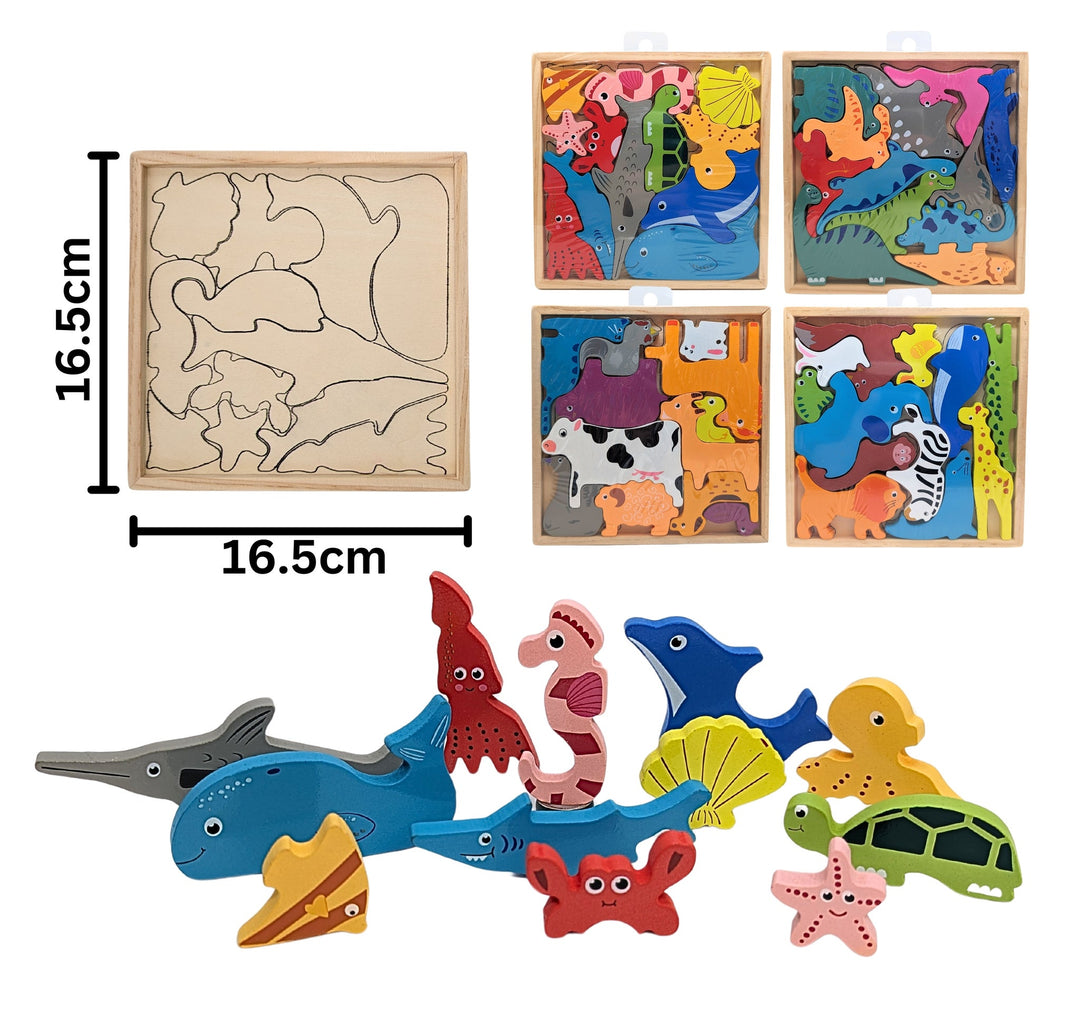 Plateau puzzle en bois avec formes d’animaux colorés.