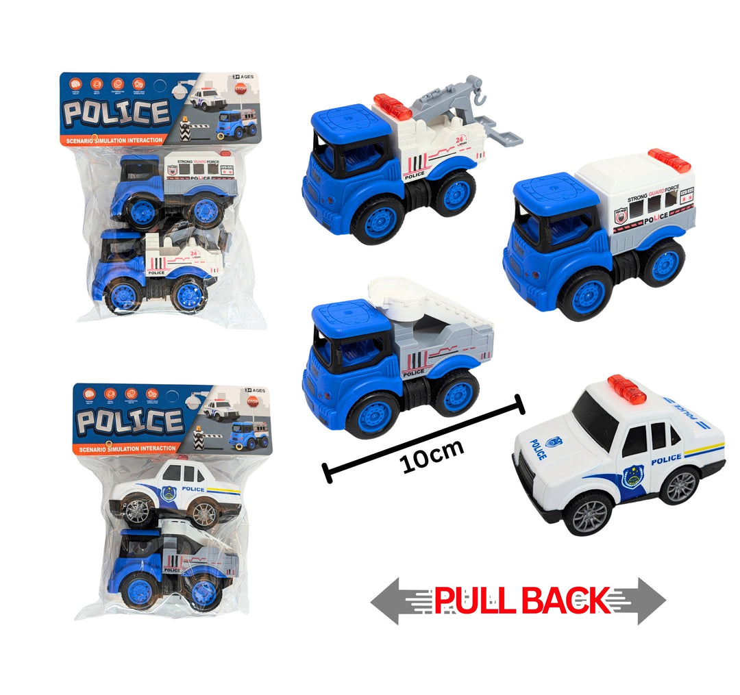 Lot de 2 voitures de police à rétro-friction de 10 cm avec designs bleus et blancs.