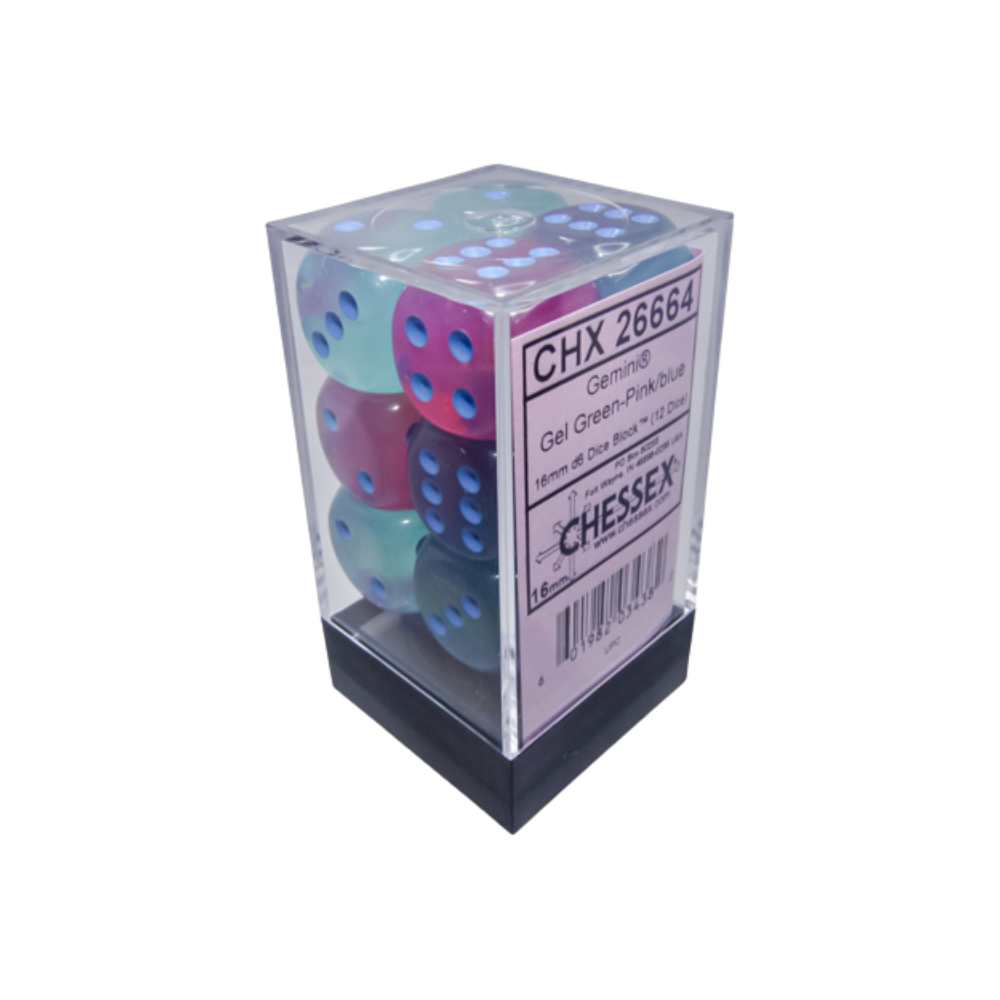 Dés Chessex Gemini: 12D6 Gel Green-Pink / Blue Luminary Dice Block